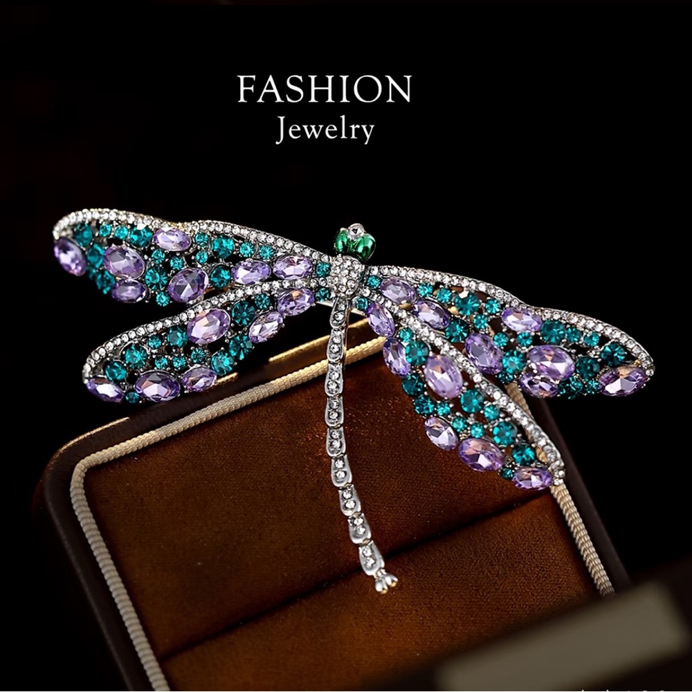 Elegant Dragonfly Brooch with Purple and Green Crystals